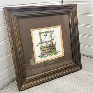 Vintage Framed Needlepoint Wall Hanging: Country‎ Farmhouse Well Embroidery